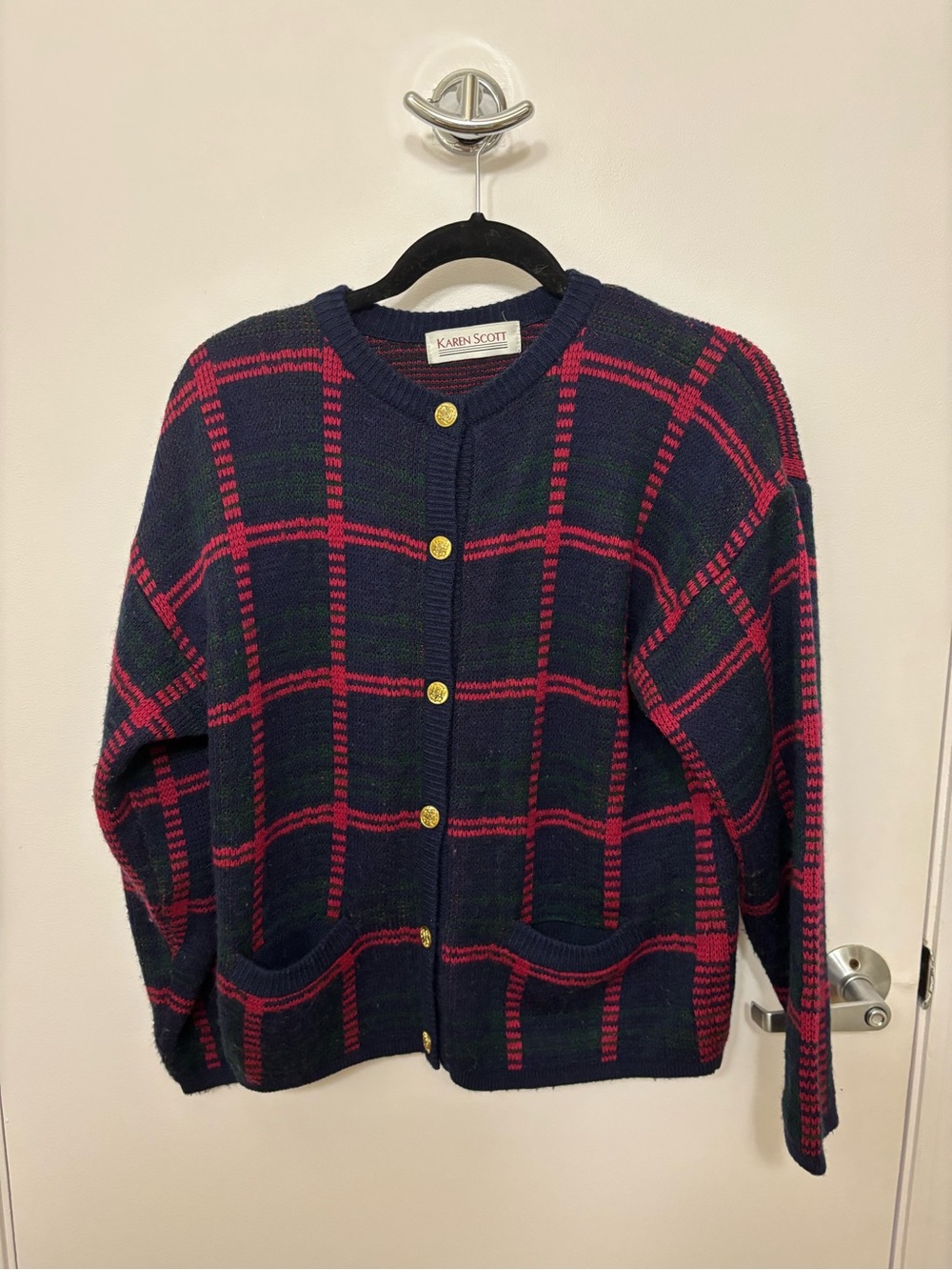 Karen Scott Navy Plaid Cardigan